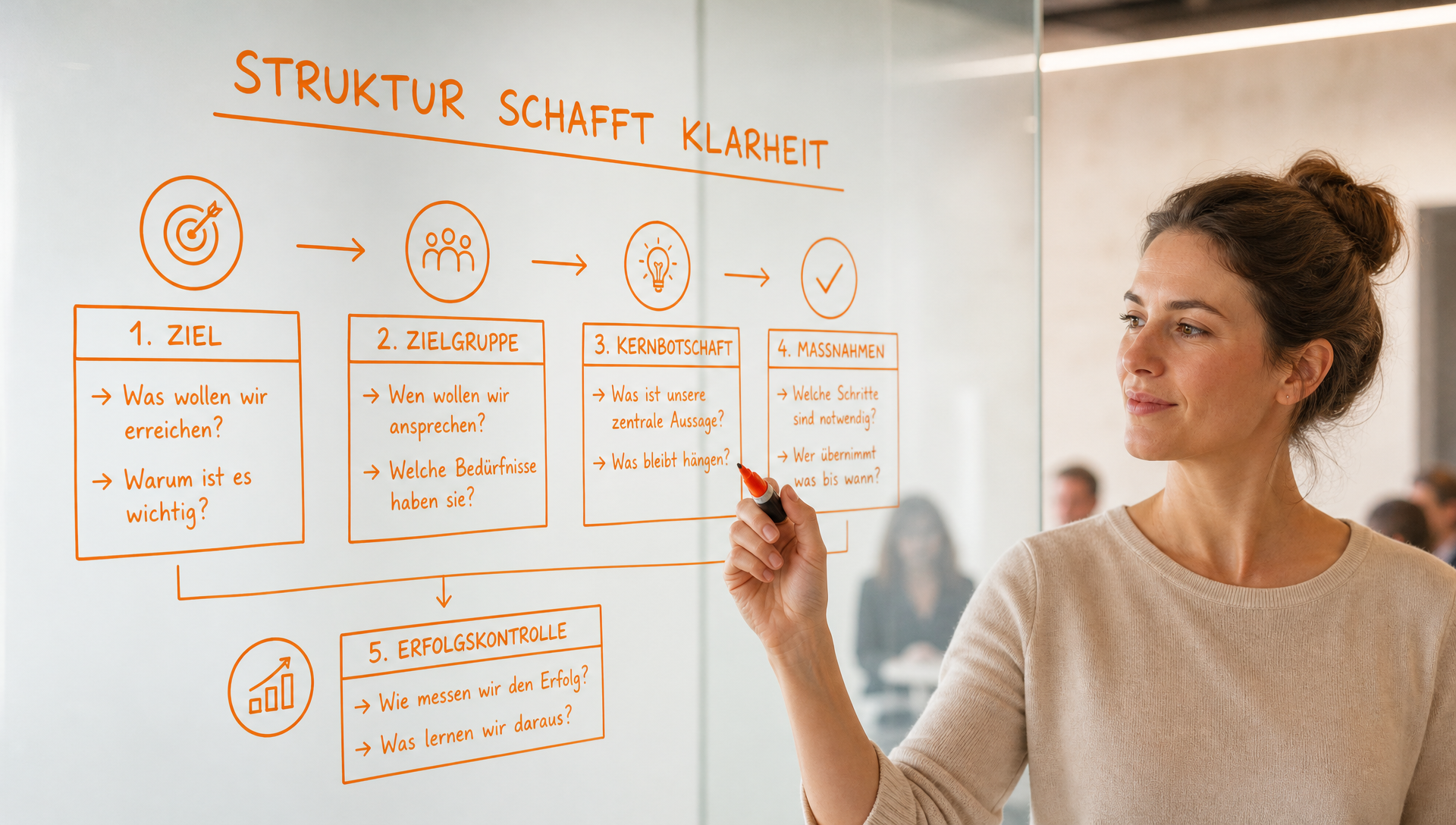 IT-Führungskraft strukturiert Zielbild an Glaswand – Beziehungskompetenz in der IT als Führungsaufgabe IT-Führungskraft strukturiert Zielbild an Glaswand – Beziehungskompetenz in der IT als Führungsaufgabe